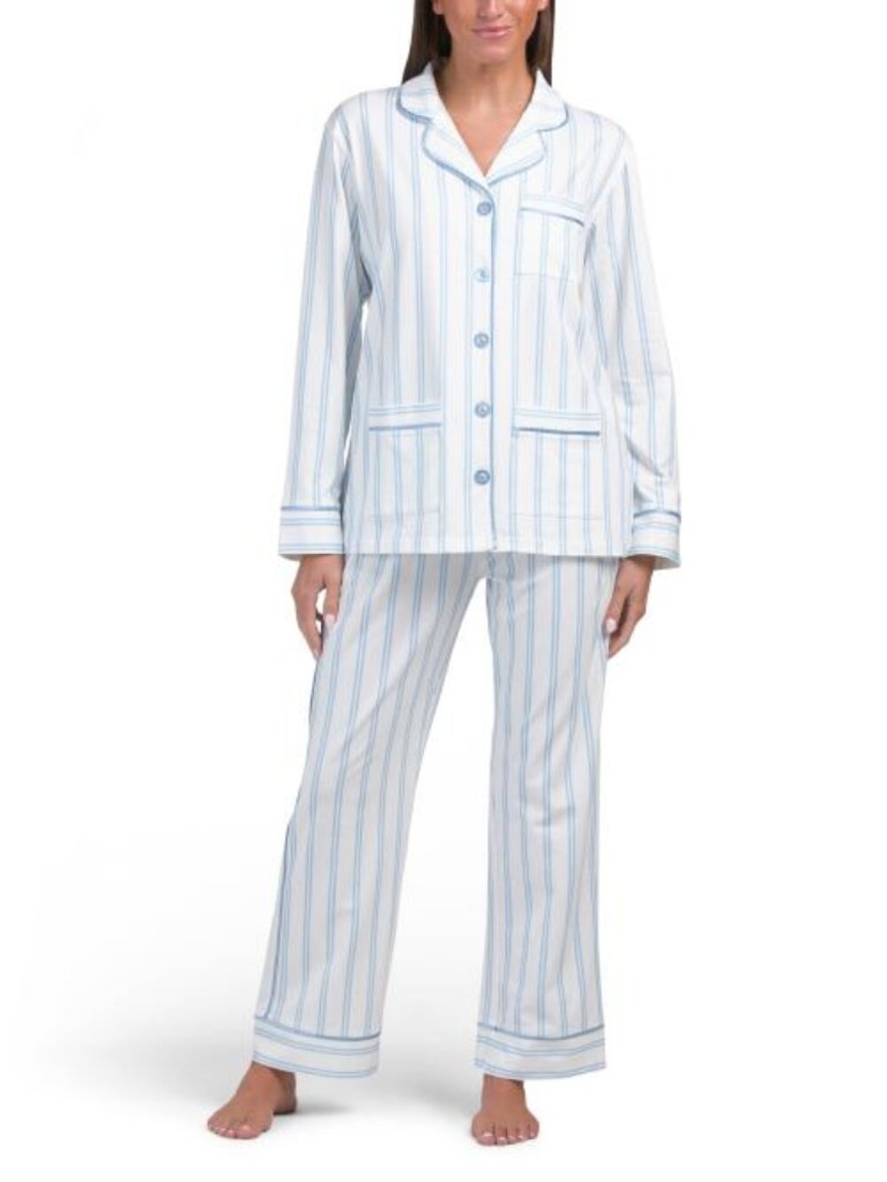 KIP 2pc Luxe Stretch Cotton Blend Striped Notch Collar Pajama Set